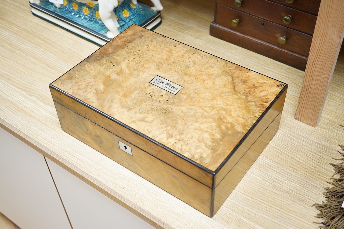 A 19th century burr walnut writing slope with mother of pearl plaque inscribed Ellen Warner, Dec, 8th 1868, 36cm wide